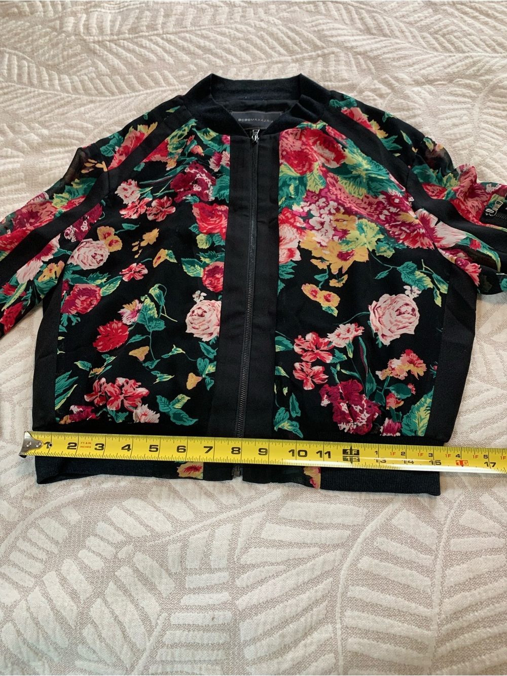 BCBGMaxAzria Black Floral Top / Bomber Jacket with Multicolor Blooms, Small - Picture 6 of 9